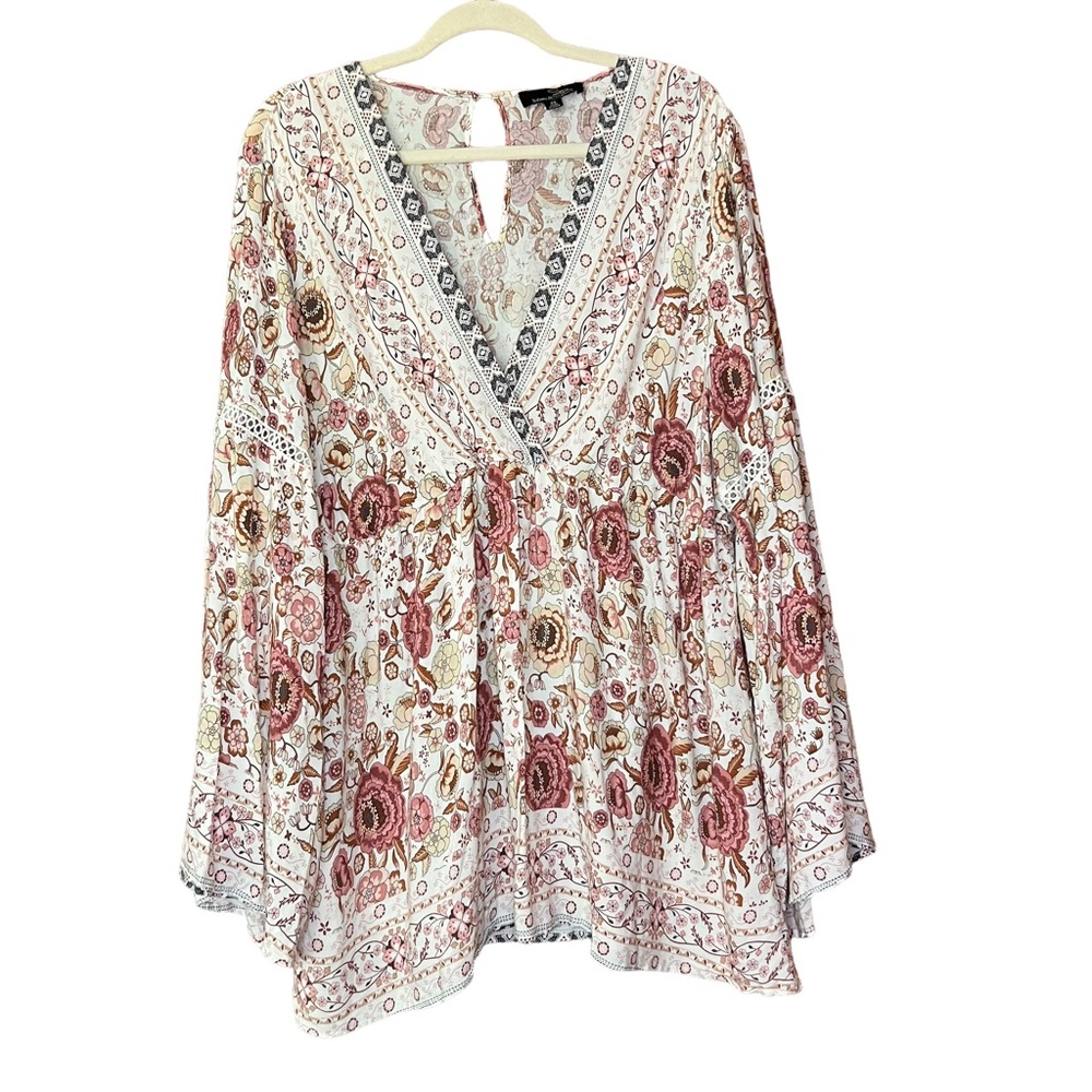 Romantic Suzanne Betro bell sleeve floral V-Neck peasant boho top 3X